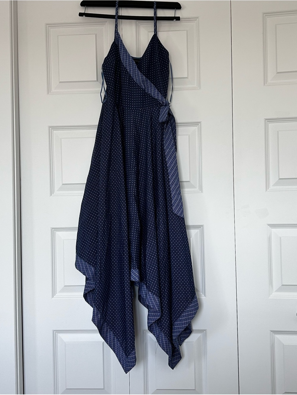 Banana Republic Navy Printed Handkerchief Hem Wrap Midi Dress